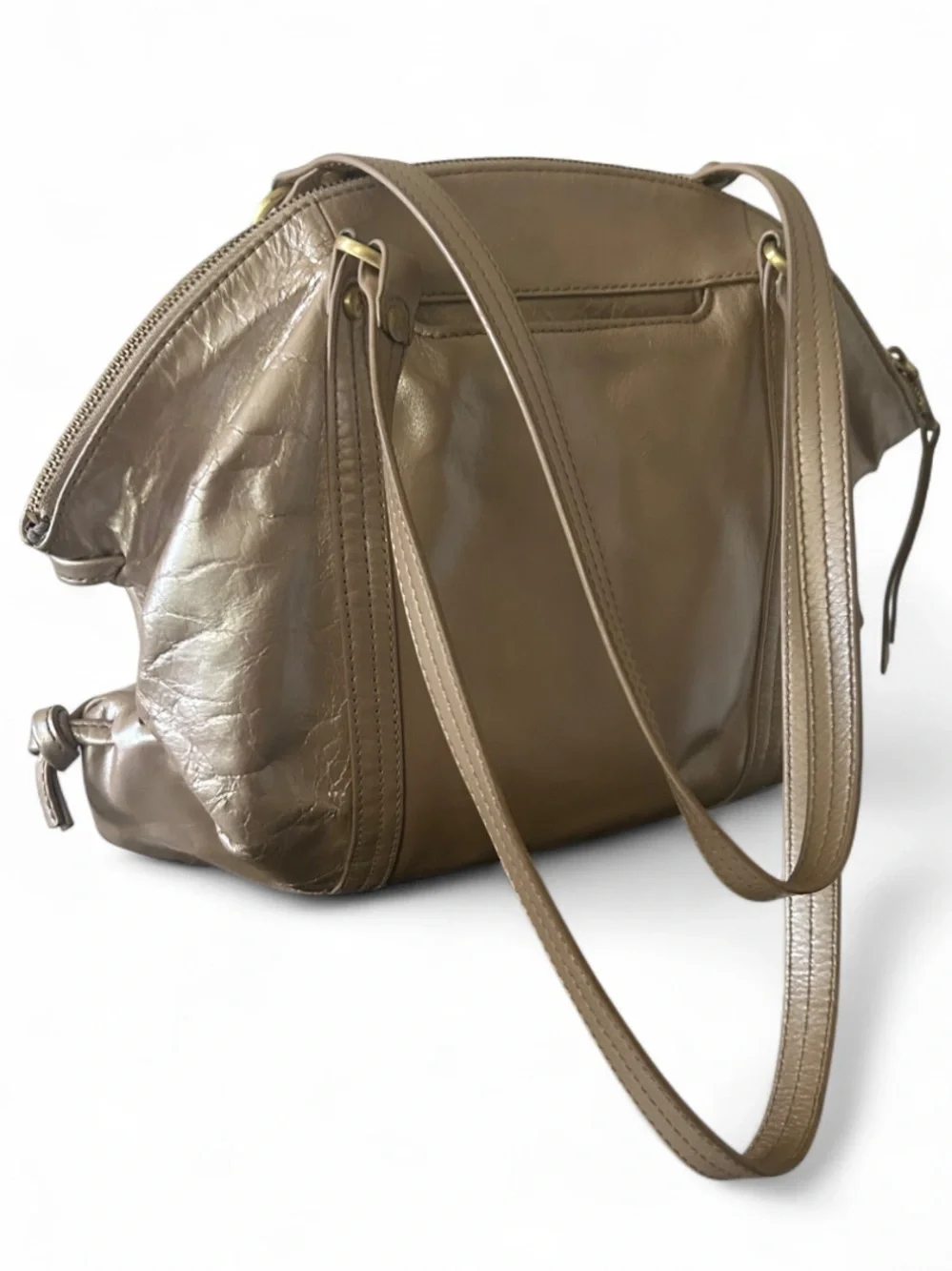 HOBO Metallic Gold Leather Ruched Boho Satchel Shoulder Bag Quiet Luxury